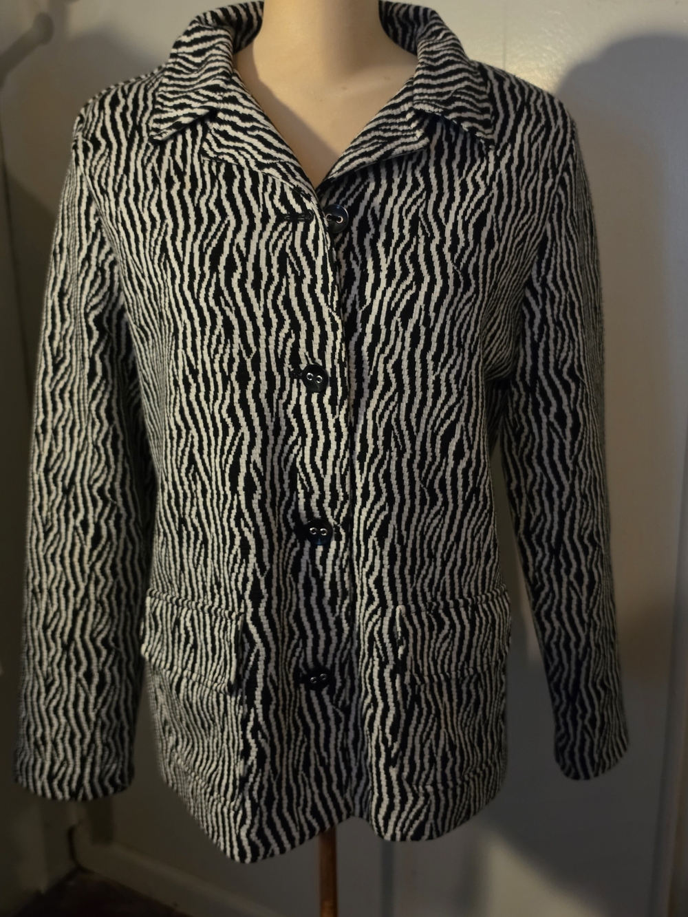 Alfred Dunner Black & White Zebra-Pattern Button Front Jacket